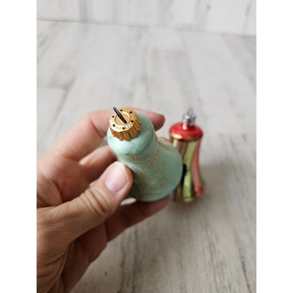 Vintage glass bell striped red green ornament Xmas set - Picture 8 of 14